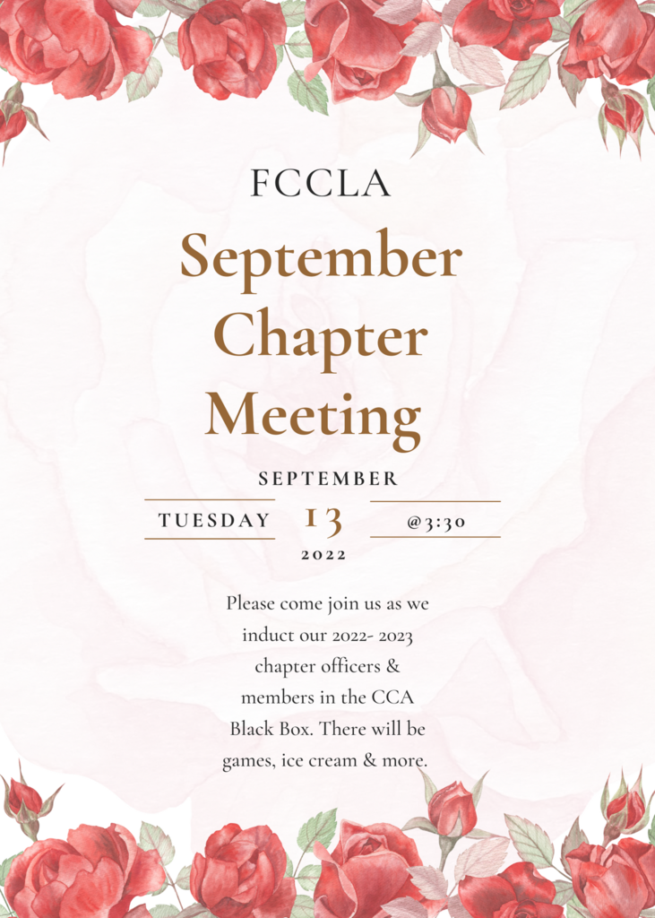 FCCLA September Chapter Meeting will be September 13th at 3:30 PM.  See the flyer for details! #1Rome #OWNIT